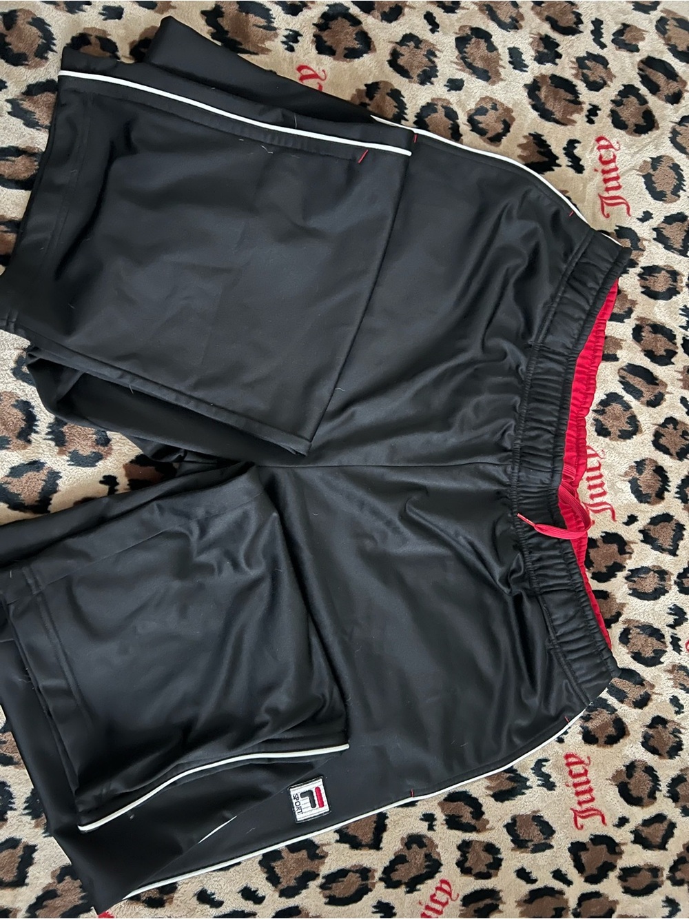 Fila Men’s Black Athletic Shorts with Red Waistband and White Piping